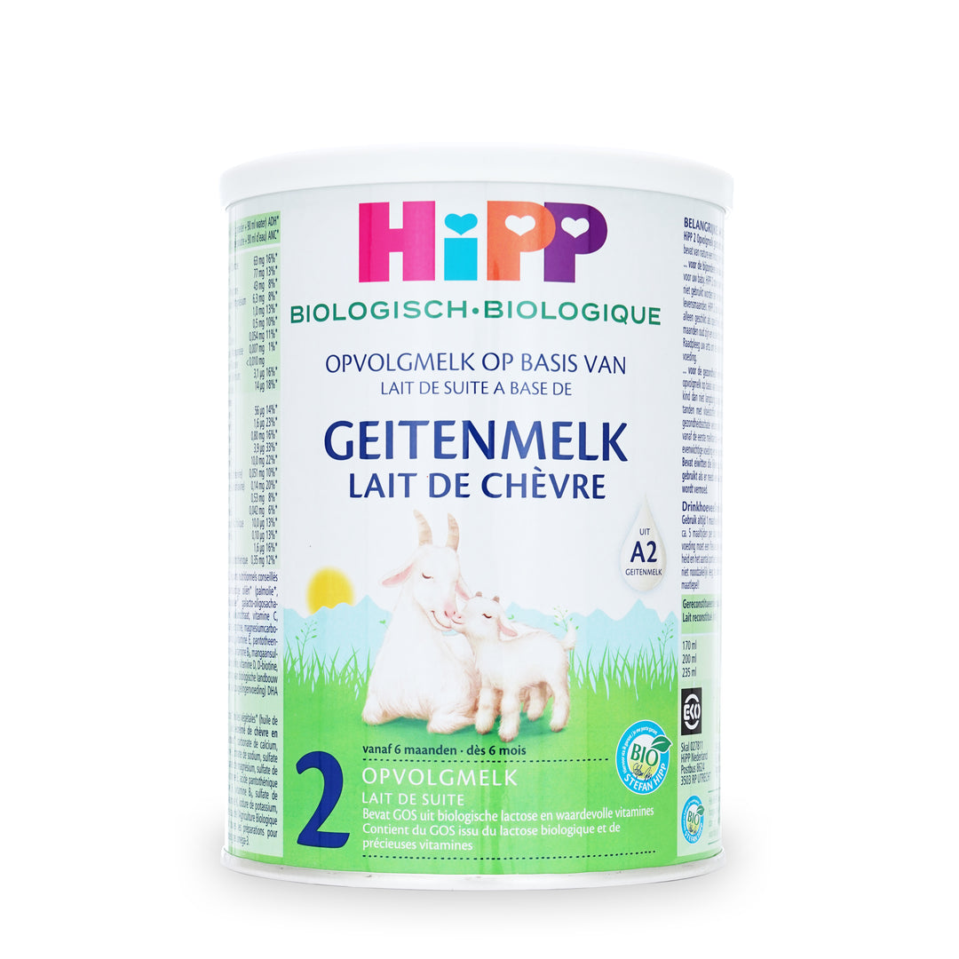 Front of the HiPP Dutch Goat Stage 2 400g can, Dutch label, European organic goat milk baby formula, 6 to 12 months