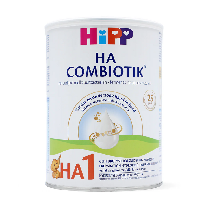 Front of the HiPP Dutch HA Combiotik Stage 1 800g can, Dutch label, hypoallergenic European baby formula, from birth to 6 months