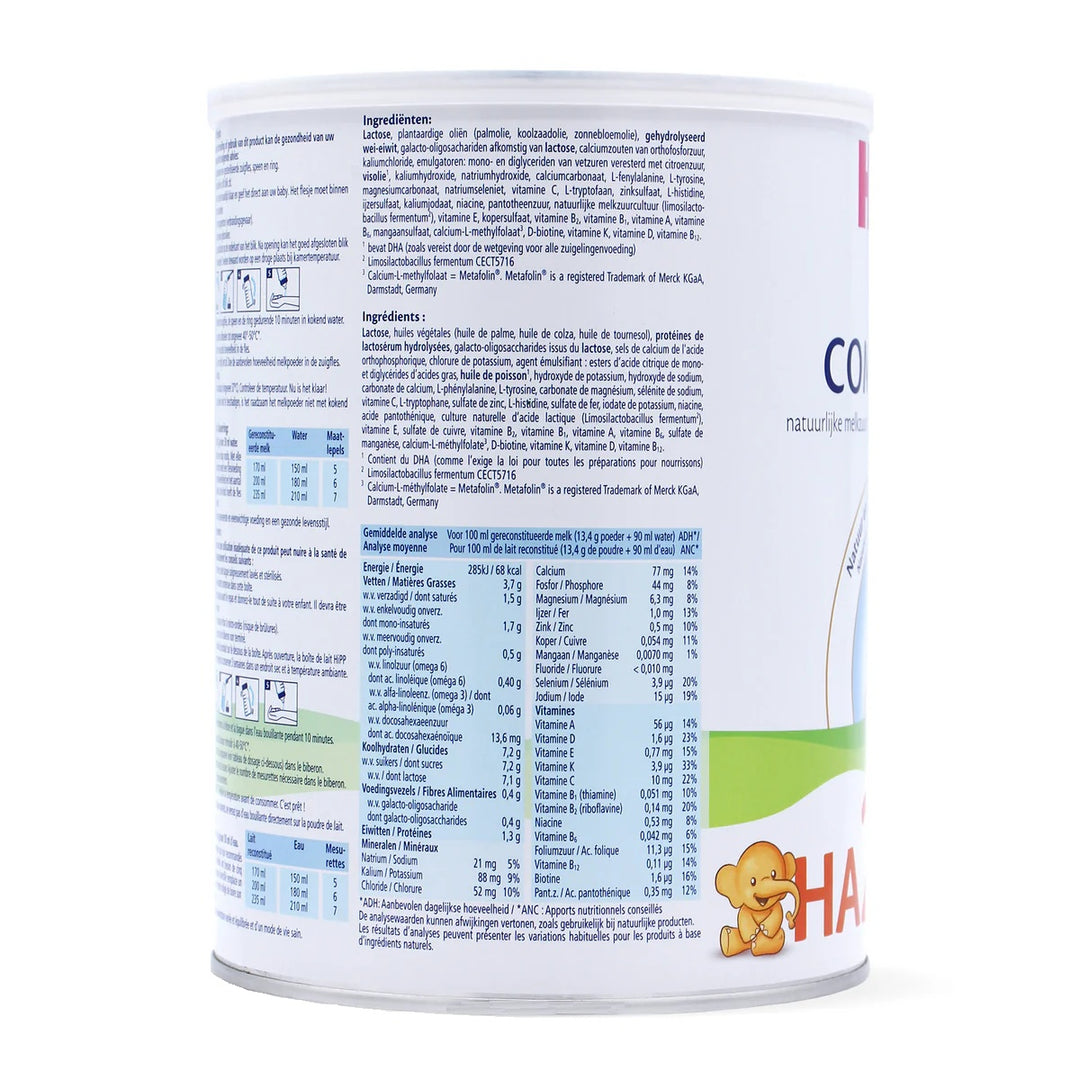 HiPP Dutch HA Stage 2 European baby formula 800g can, ingredients and nutrition table per 100 ml in Dutch and French
