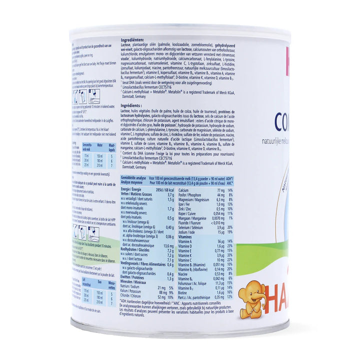 HiPP Dutch HA Stage 2 European baby formula 800g can, ingredients and nutrition table per 100 ml in Dutch and French