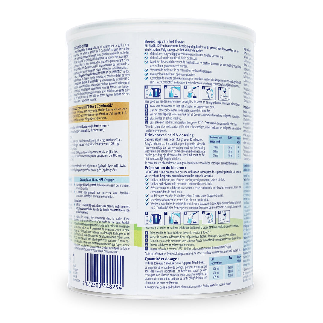 HiPP Dutch HA Stage 2 European baby formula 800g can, preparation steps and feeding chart in Dutch and French