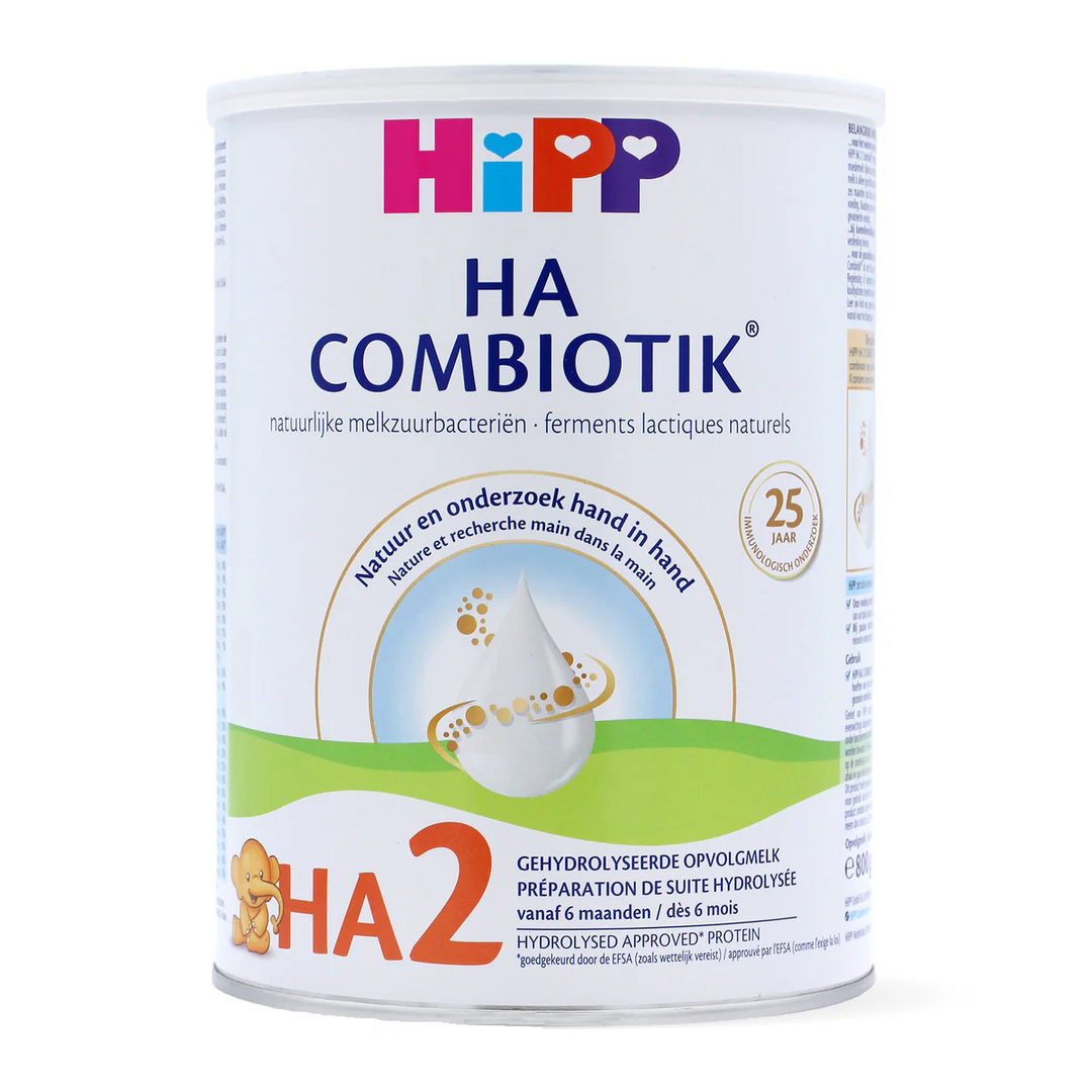 Front of the HiPP Dutch HA Combiotik Stage 2 800g can, Dutch label, hypoallergenic European baby formula, 6 to 12 months