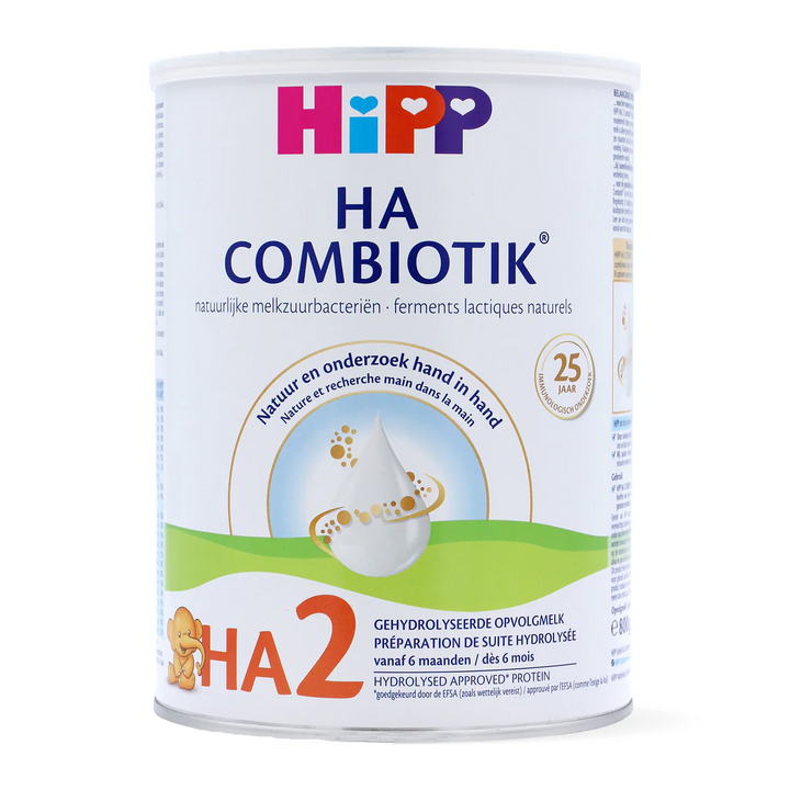 Front of the HiPP Dutch HA Combiotik Stage 2 800g can, Dutch label, hypoallergenic European baby formula, 6 to 12 months