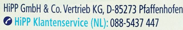 HiPP Dutch label showing the German manufacturer address and the Dutch customer service number 088-5437 447