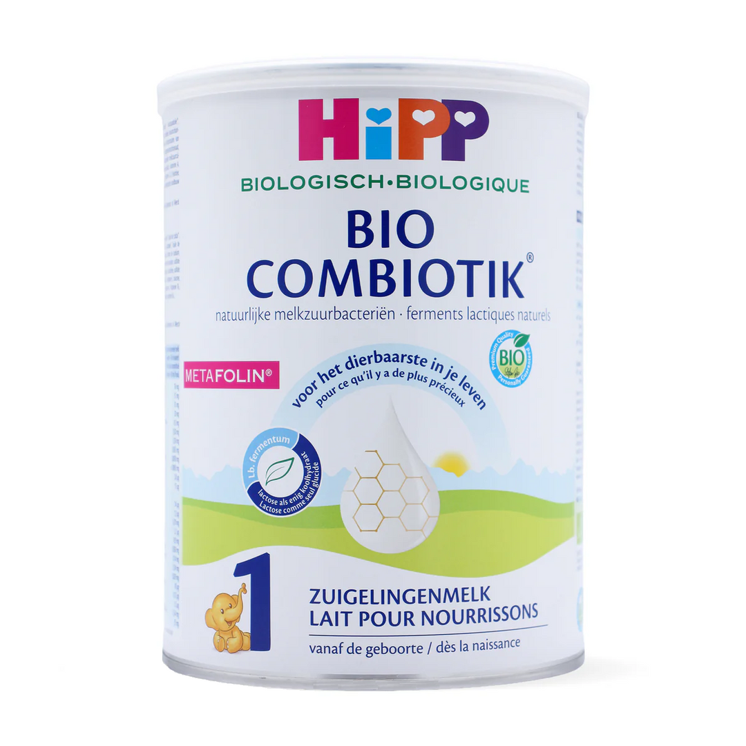 Front of the HiPP Dutch Bio Combiotik Stage 1 800g can, Dutch label, European organic baby formula, from birth to 6 months
