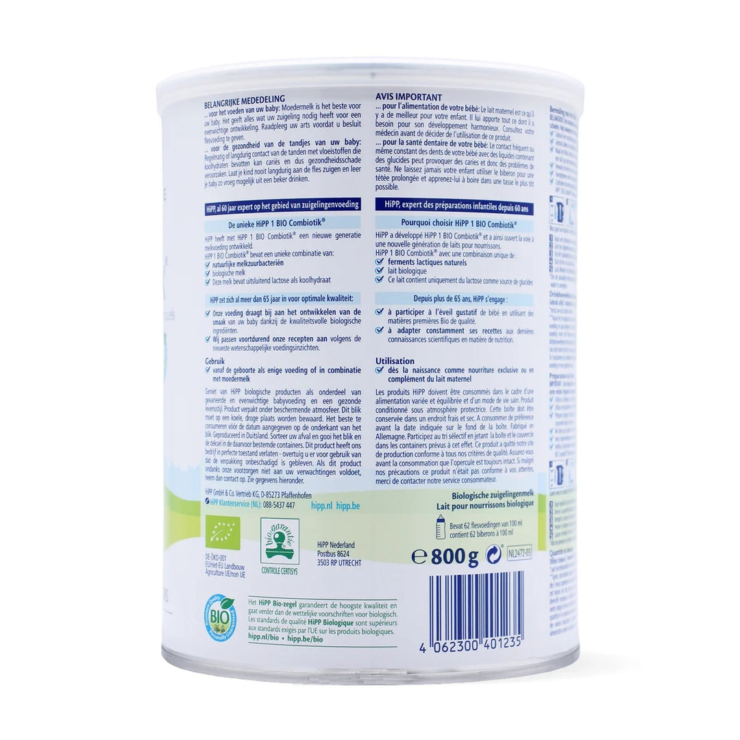 HiPP Dutch Stage 1 European organic baby formula 800g can, back with EU organic leaf, HiPP Bio seal and 62 bottles per can