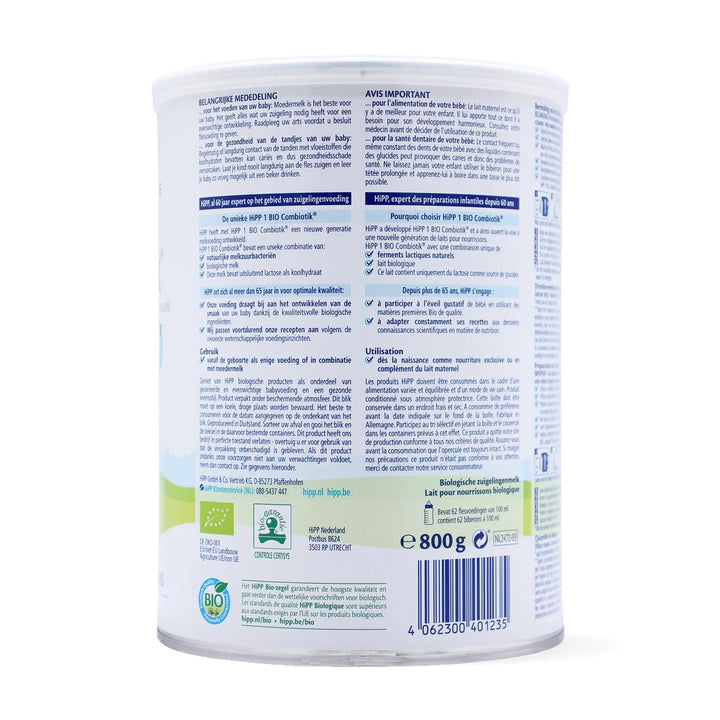 HiPP Dutch Stage 1 European organic baby formula 800g can, back with EU organic leaf, HiPP Bio seal and 62 bottles per can