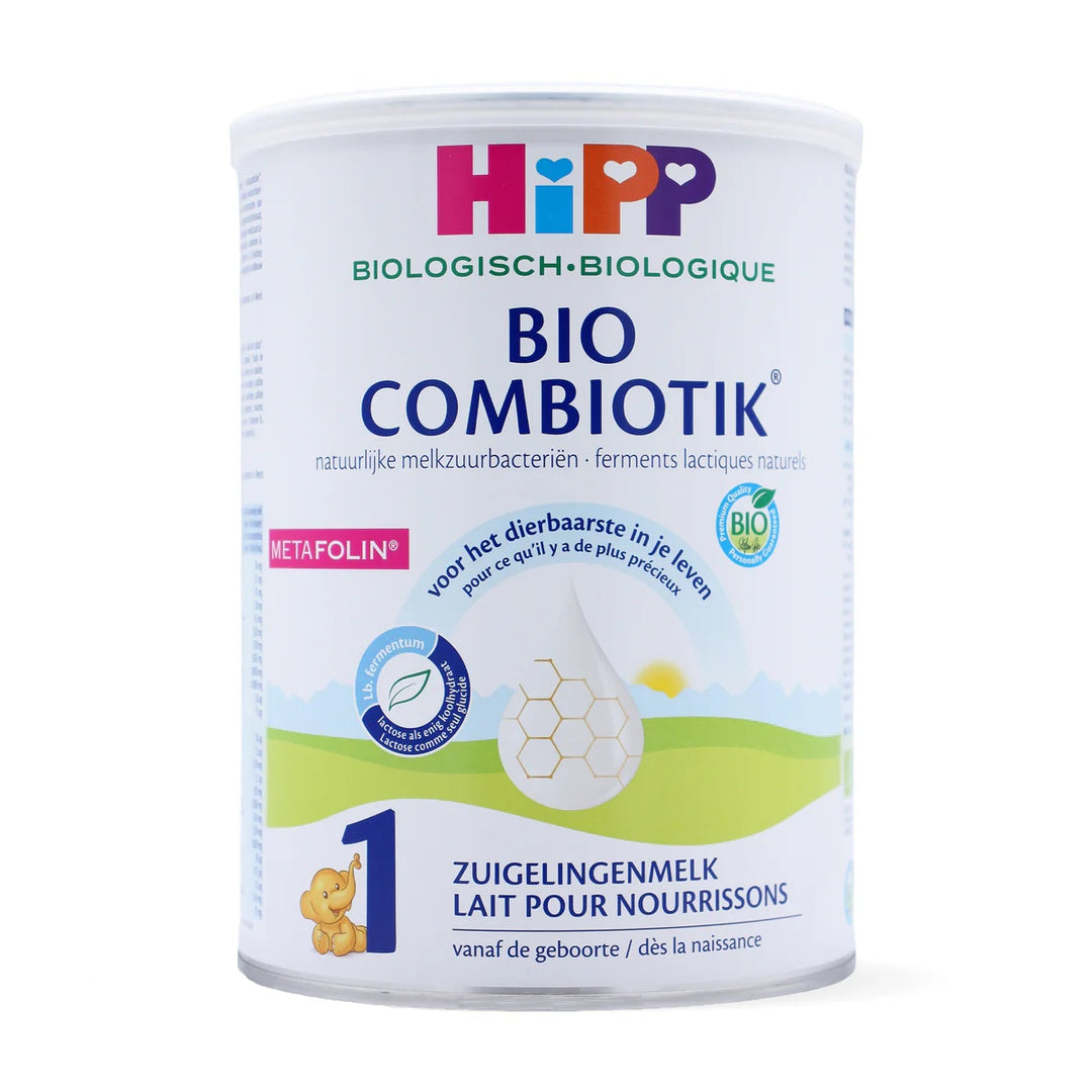 HiPP Dutch Stage 1 European organic baby formula 800g can, front with Combiotik and Metafolin, from birth
