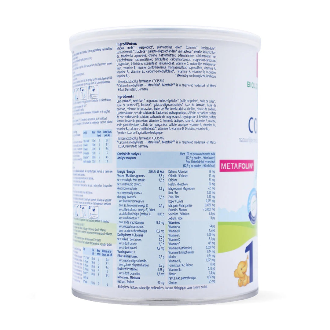 HiPP Dutch Stage 1 European organic baby formula 800g can, ingredients and nutrition table per 100 ml in Dutch and French