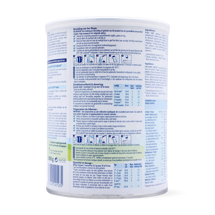 HiPP Dutch Stage 1 European organic baby formula 800g can, preparation steps and feeding chart by age in Dutch and French