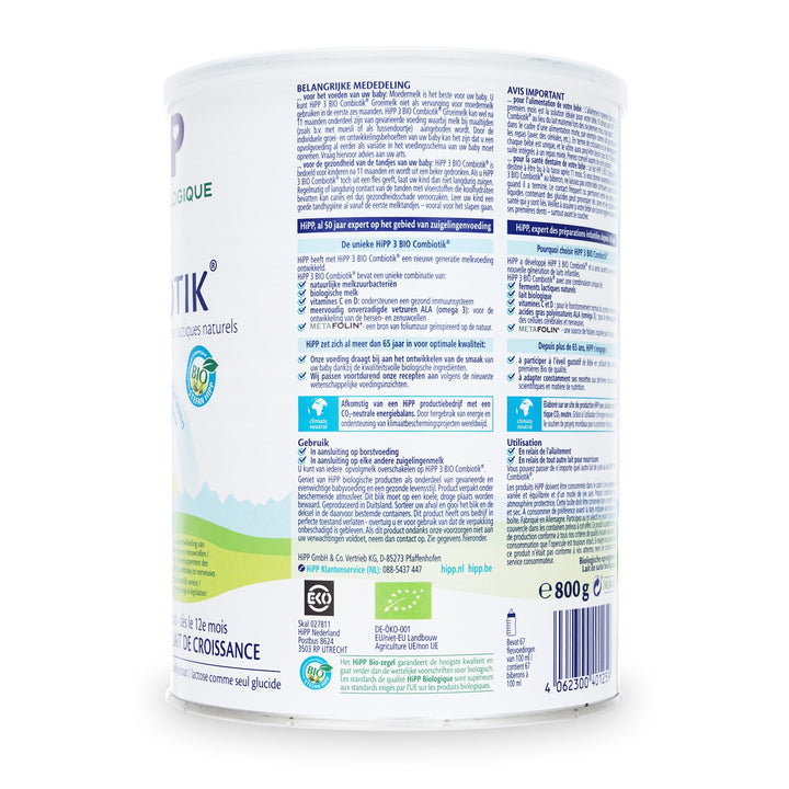 HiPP Dutch Stage 3 European organic toddler formula 800g can, back with EU organic leaf, HiPP Bio seal and 67 bottles per can