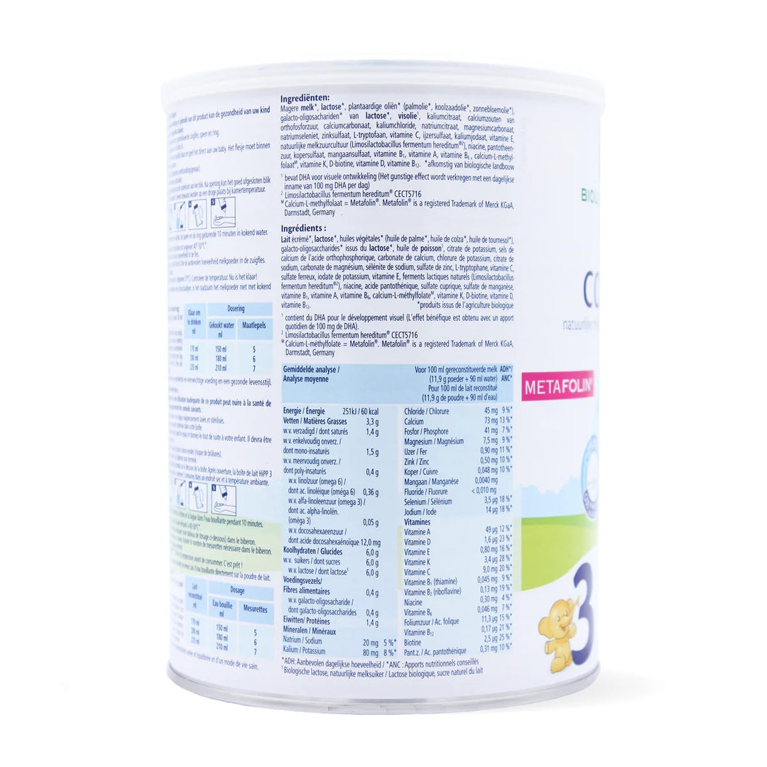 Dutch Stage 3 European organic toddler formula 800g can, ingredients and nutrition table per 100 ml in Dutch and French