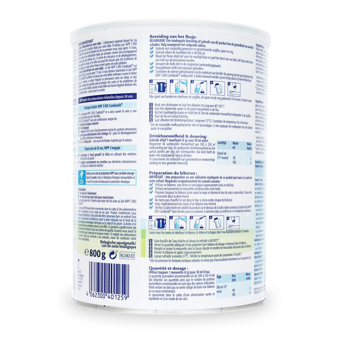 HiPP Dutch Stage 3 European organic toddler formula 800g can, preparation steps and dosing table in Dutch and French