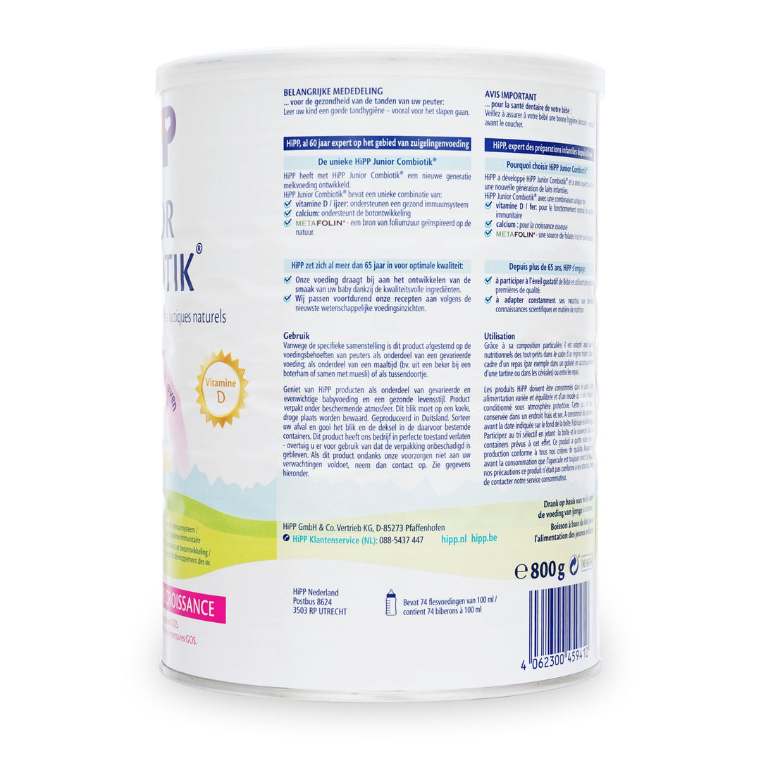 HiPP Dutch Stage 4 European toddler formula 800g can, back with Junior Combiotik benefits and 74 servings per can