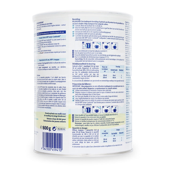 HiPP Dutch Stage 4 European toddler formula 800g can, preparation in a beaker and dosing table in Dutch and French