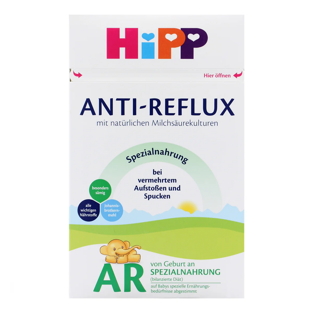 Front of the HiPP German Anti-Reflux 600g box, German label, European baby formula for spit-up and reflux, from birth
