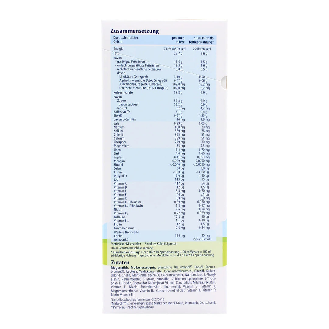 HiPP German Anti-Reflux European baby formula 600g box, nutrition table and ingredients with locust bean gum in German