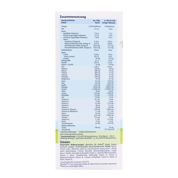 HiPP German Anti-Reflux European baby formula 600g box, nutrition table and ingredients with locust bean gum in German