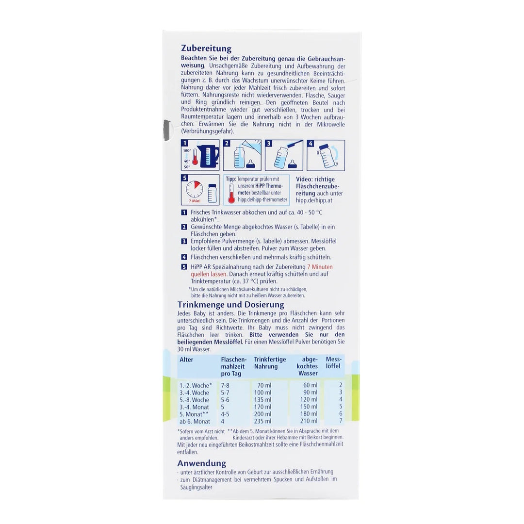 HiPP German Anti-Reflux European baby formula 600g box, preparation with 7 minute rest and feeding chart in German