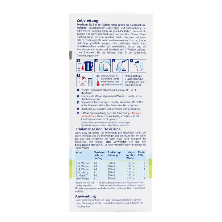 HiPP German Anti-Reflux European baby formula 600g box, preparation with 7 minute rest and feeding chart in German