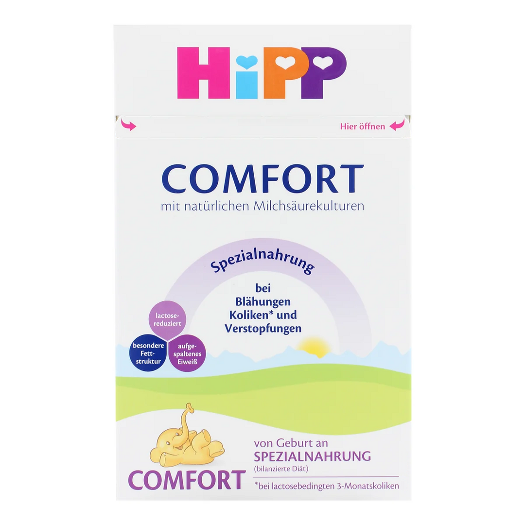 Front of the HiPP German Comfort 600g box, German label, European baby formula for colic, gas and constipation, from birth