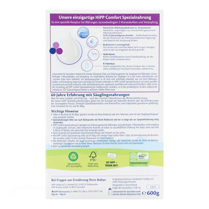 HiPP German Comfort European baby formula 600g box, back with reduced lactose, hydrolyzed protein, 46 bottles per box
