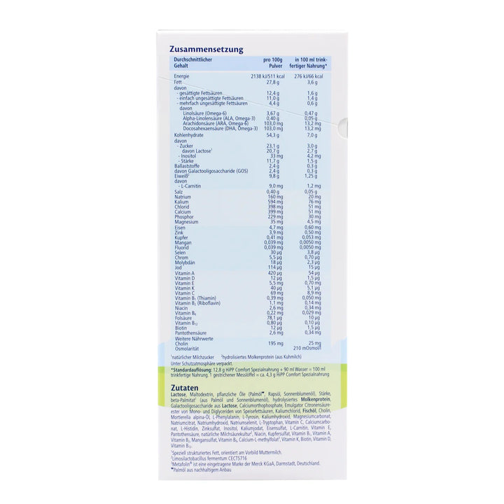 HiPP German Comfort European baby formula 600g box, nutrition table per 100 g and 100 ml and ingredients in German