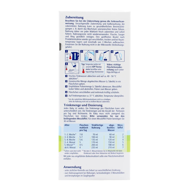 HiPP German Comfort European baby formula 600g box, preparation steps and feeding chart by age in German