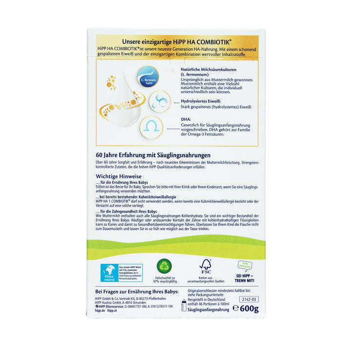 HiPP German HA Stage 1 European baby formula 600g box, back with hydrolyzed protein, L. fermentum and 46 portions per box