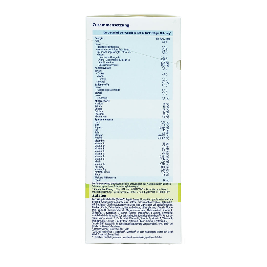 HiPP German HA Stage 1 European baby formula 600g box, nutrition table per 100 ml and ingredients in German