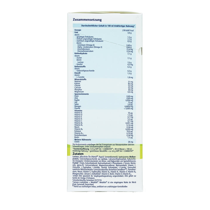 HiPP German HA Stage 1 European baby formula 600g box, nutrition table per 100 ml and ingredients in German