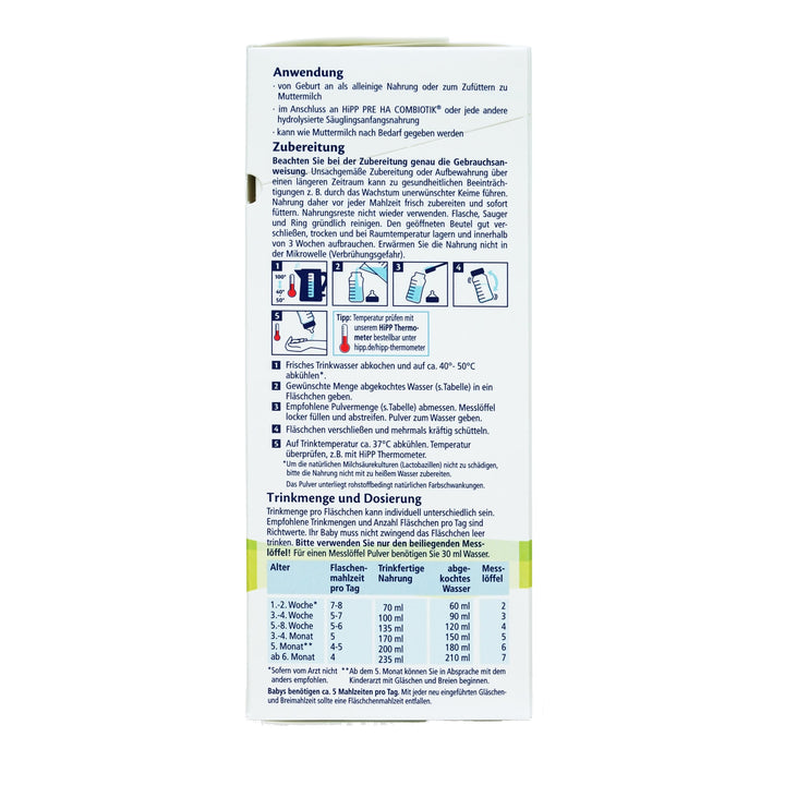 HiPP German HA Stage 1 European baby formula 600g box, preparation steps and feeding chart by age in German