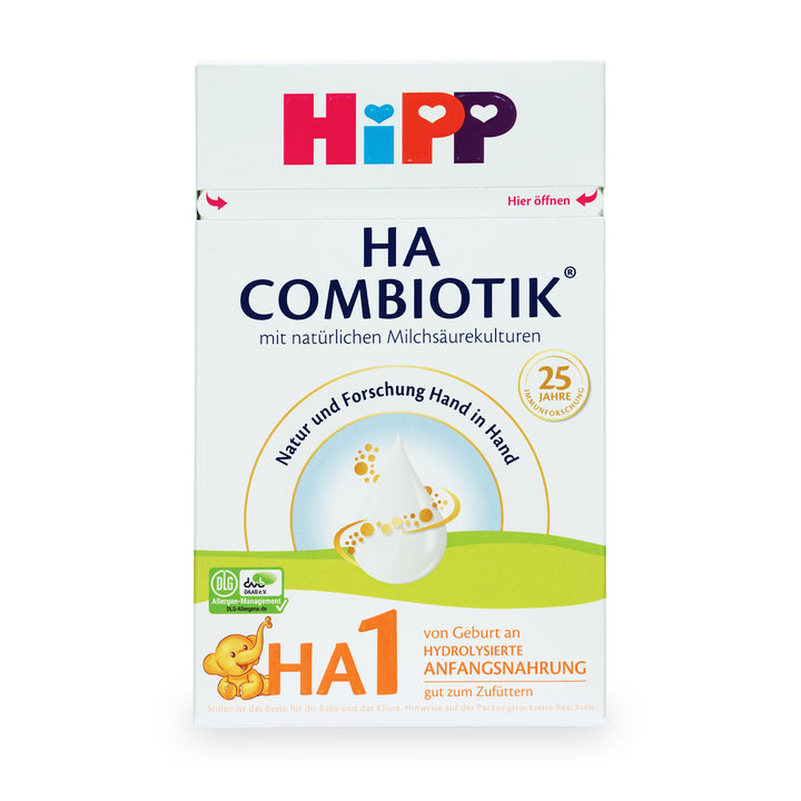 Front of the HiPP German HA Combiotik Stage 1 600g box, German label, hypoallergenic European baby formula, from birth to 6 months