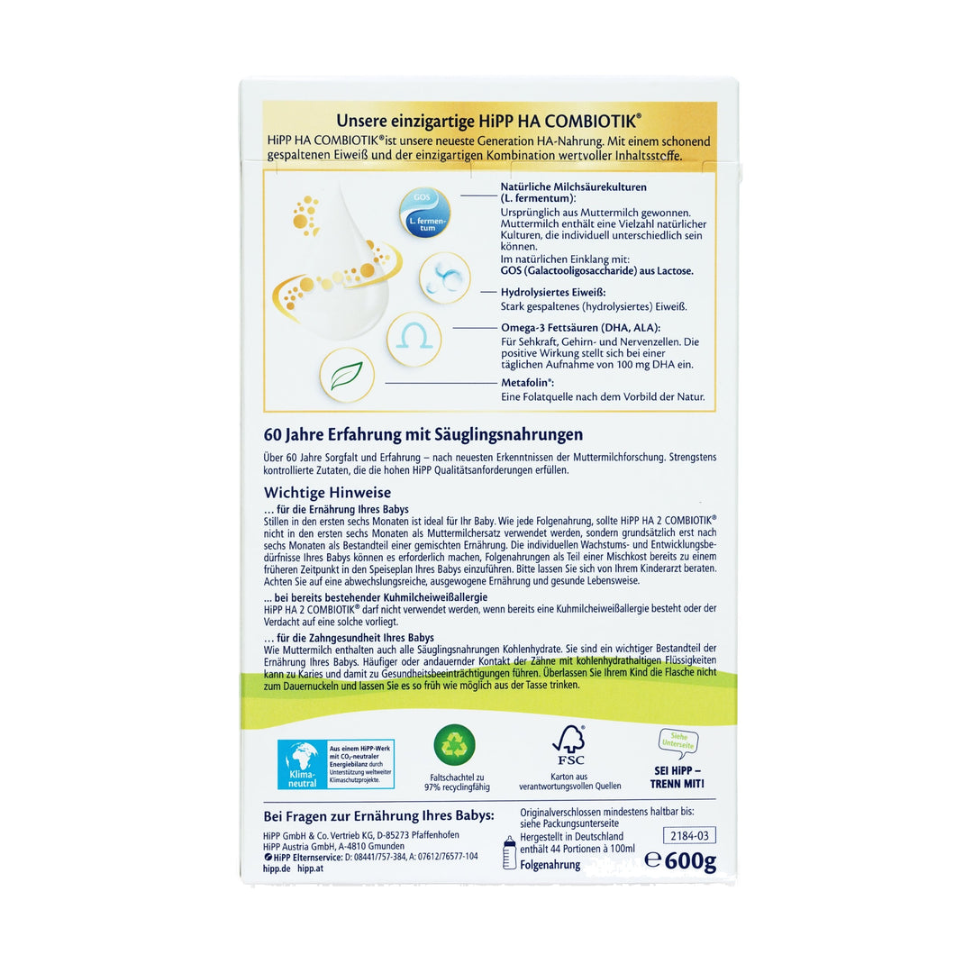 HiPP German HA Stage 2 European baby formula 600g box, back with hydrolyzed protein, Metafolin and 44 portions per box