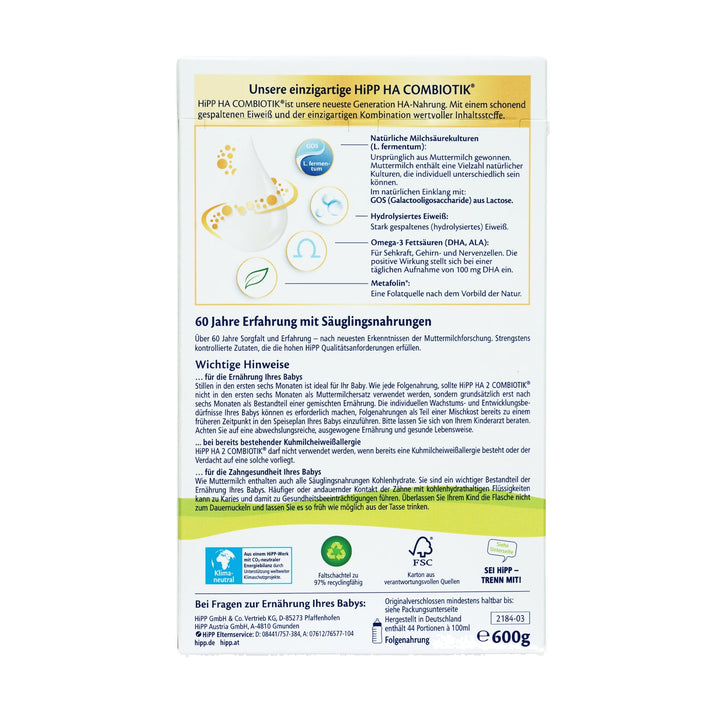 HiPP German HA Stage 2 European baby formula 600g box, back with hydrolyzed protein, Metafolin and 44 portions per box