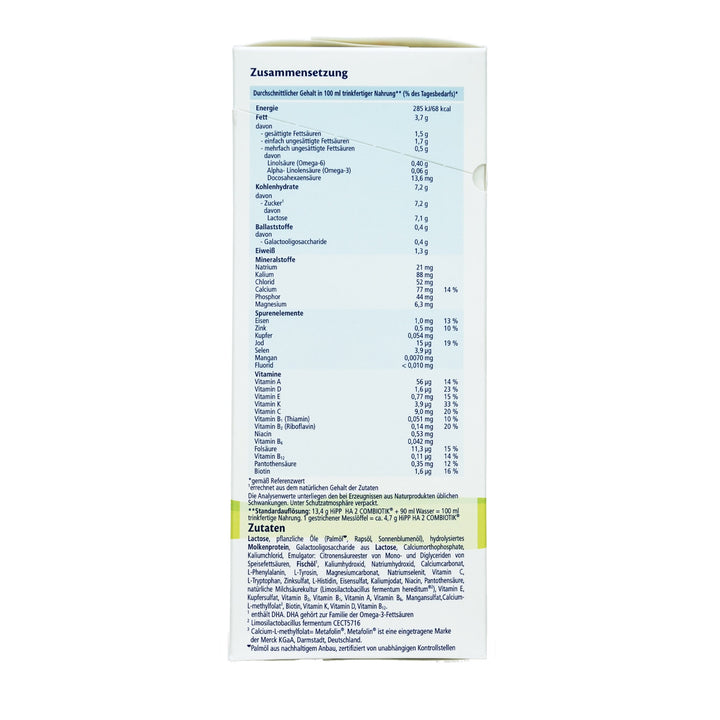 HiPP German HA Stage 2 European baby formula 600g box, nutrition table per 100 ml and ingredients in German
