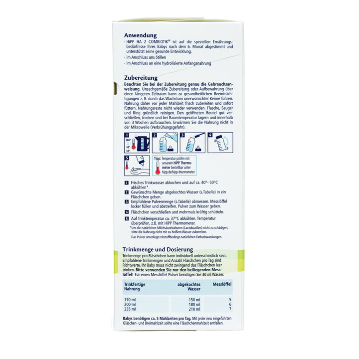 HiPP German HA Stage 2 European baby formula 600g box, preparation steps and feeding chart in German