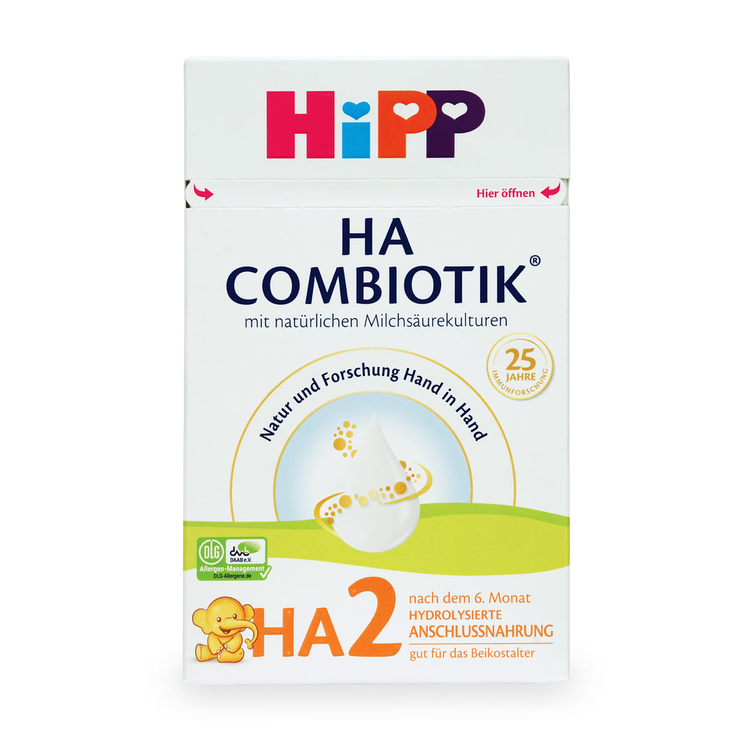 Front of the HiPP German HA Combiotik Stage 2 600g box, German label, hypoallergenic European baby formula, 6 to 12 months