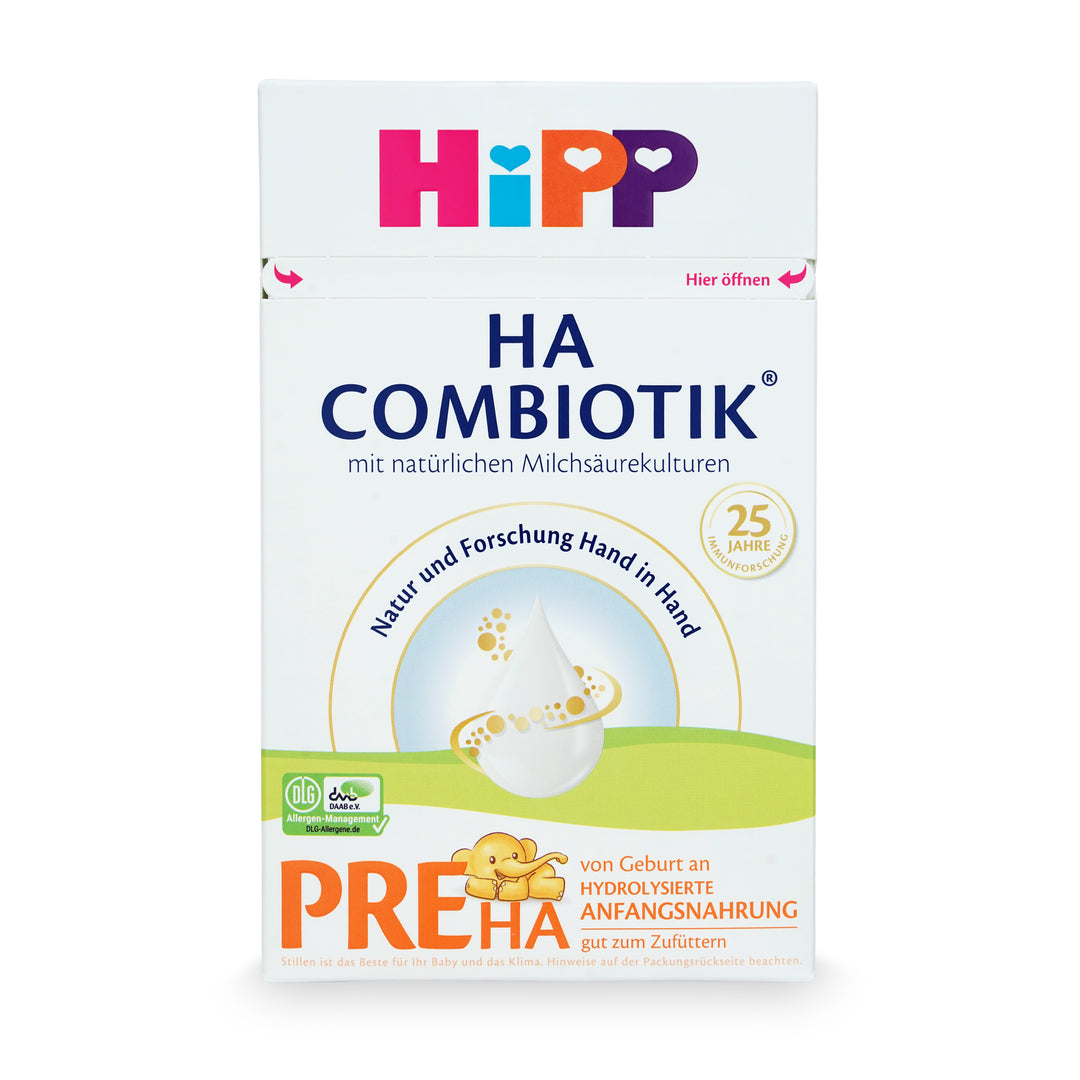 Front of the HiPP German HA Combiotik Stage PRE 600g box, German label, hypoallergenic European newborn formula, from birth to 6 months