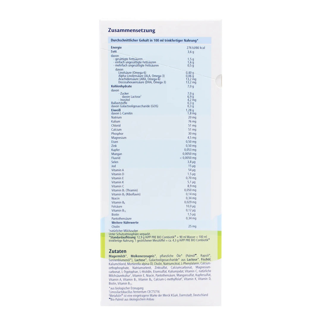 HiPP German PRE European organic newborn formula 600g box, nutrition table per 100 ml and ingredients in German