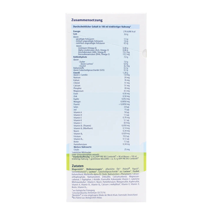 HiPP German PRE European organic newborn formula 600g box, nutrition table per 100 ml and ingredients in German