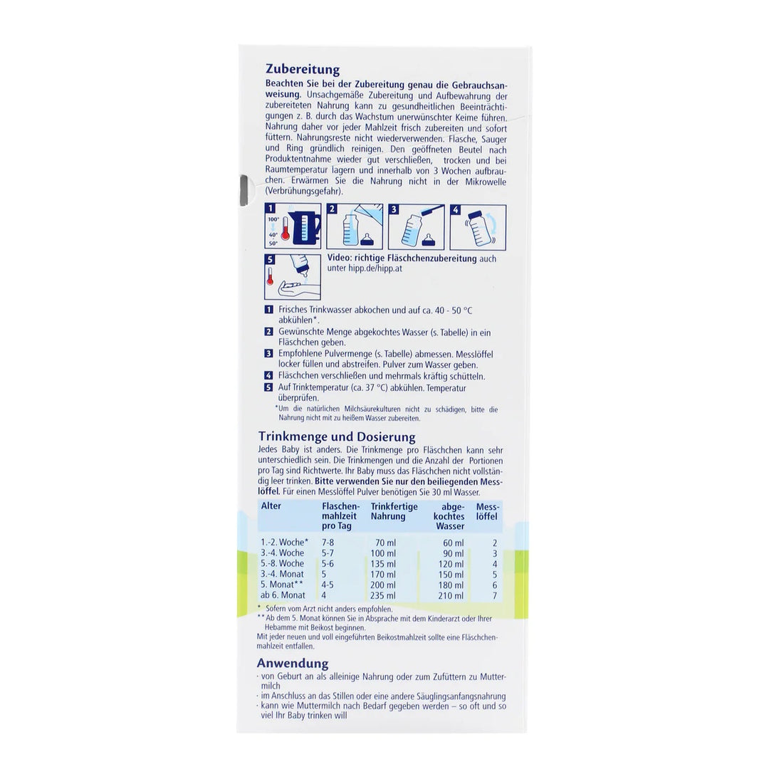 HiPP German PRE European organic newborn formula 600g box, preparation steps and feeding chart by age in German
