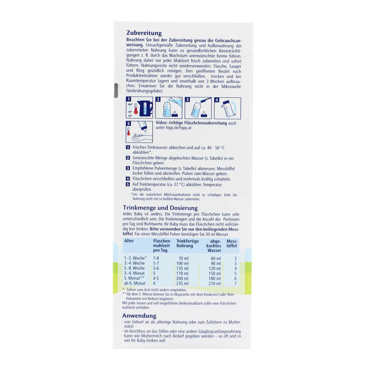 HiPP German PRE European organic newborn formula 600g box, preparation steps and feeding chart by age in German