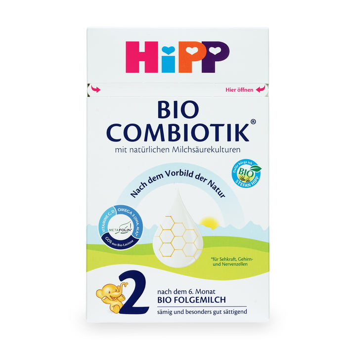 HiPP German Stage 2 European organic baby formula 600g box, front with Bio Combiotik and Metafolin, from 6 months