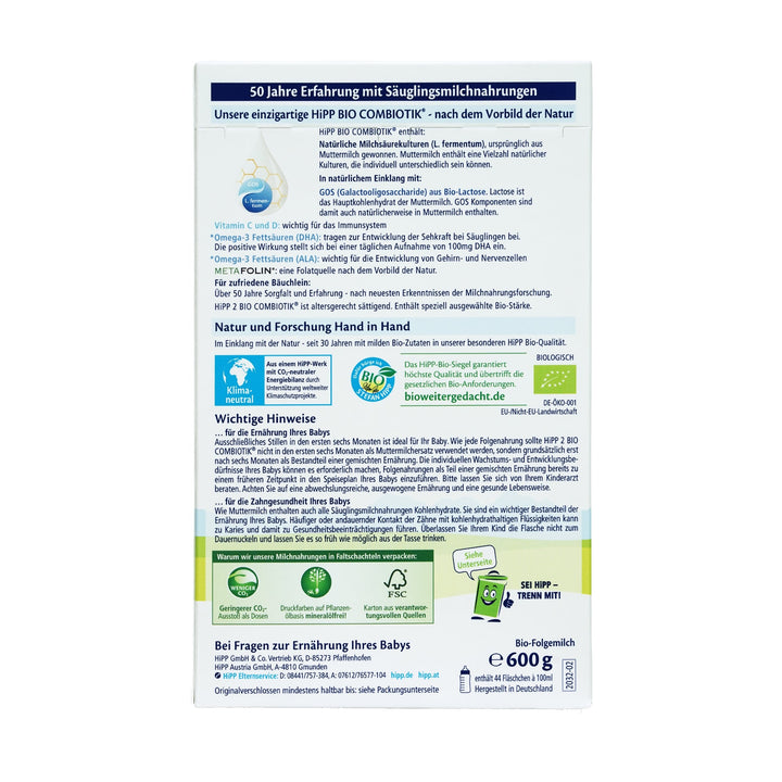 HiPP German Stage 2 European organic baby formula 600g box, back with EU organic leaf, HiPP Bio seal and 44 bottles per box