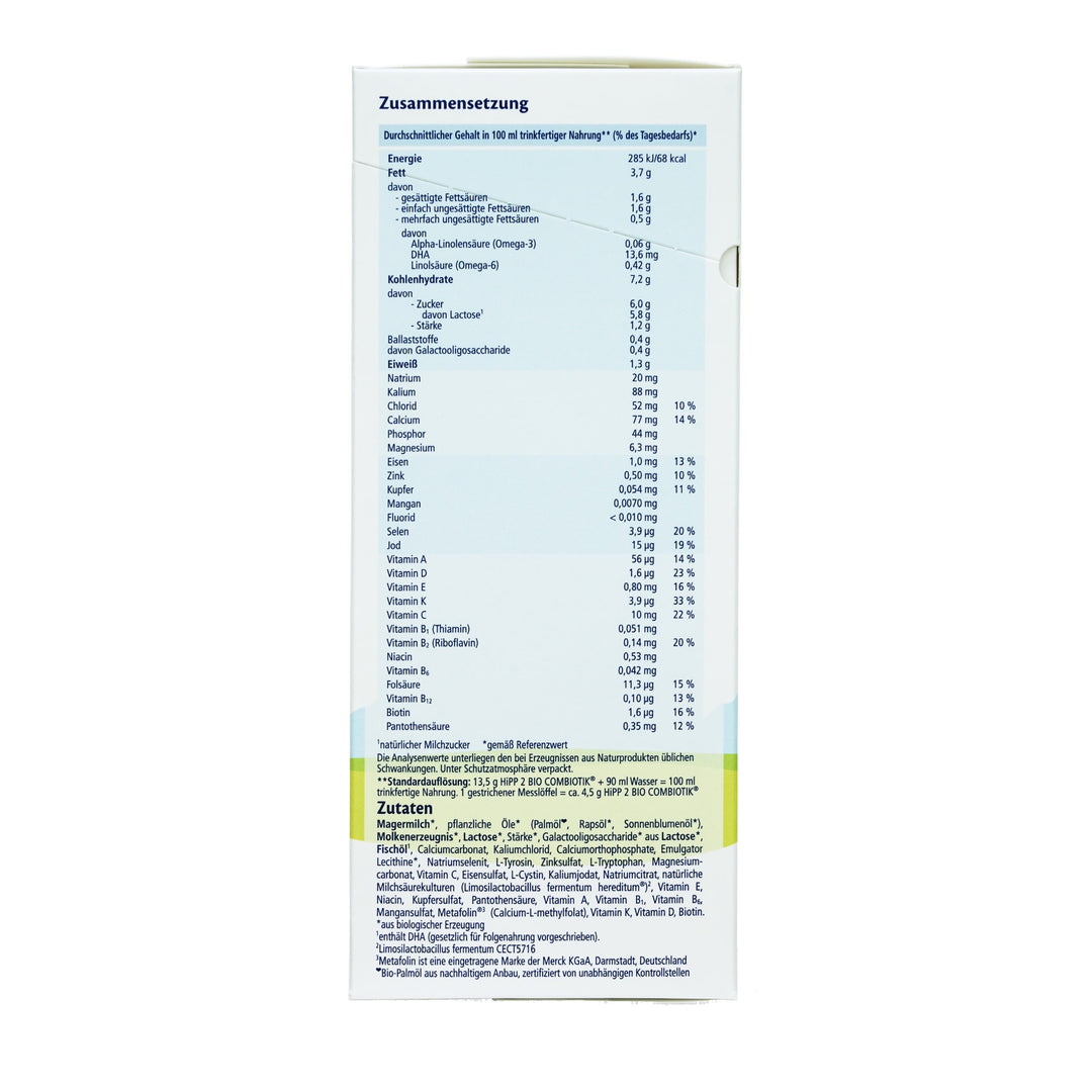 HiPP German Stage 2 European organic baby formula 600g box, nutrition table per 100 ml and ingredients in German