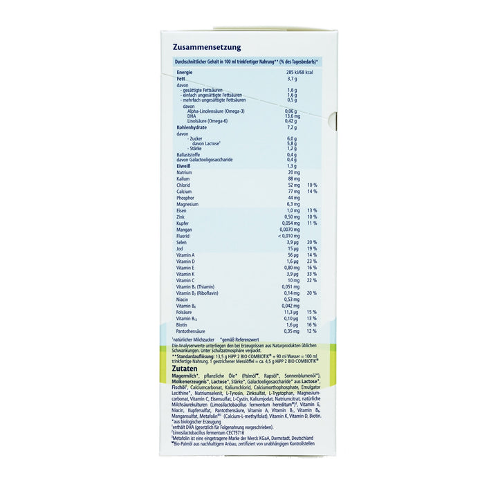 HiPP German Stage 2 European organic baby formula 600g box, nutrition table per 100 ml and ingredients in German