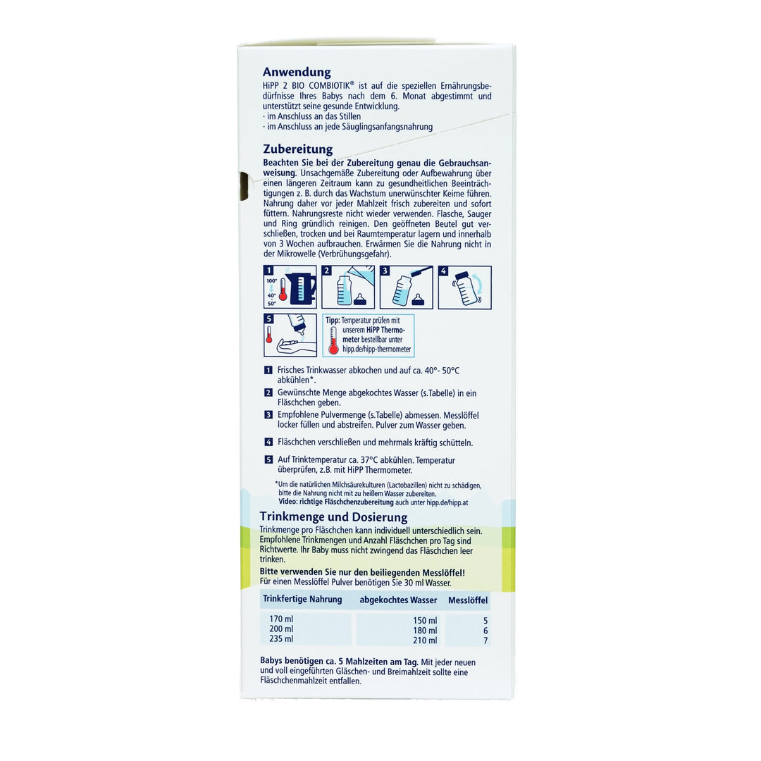 HiPP German Stage 2 European organic baby formula 600g box, preparation steps and feeding chart in German