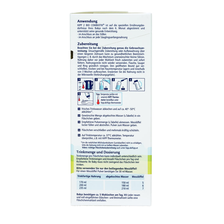 HiPP German Stage 2 European organic baby formula 600g box, preparation steps and feeding chart in German
