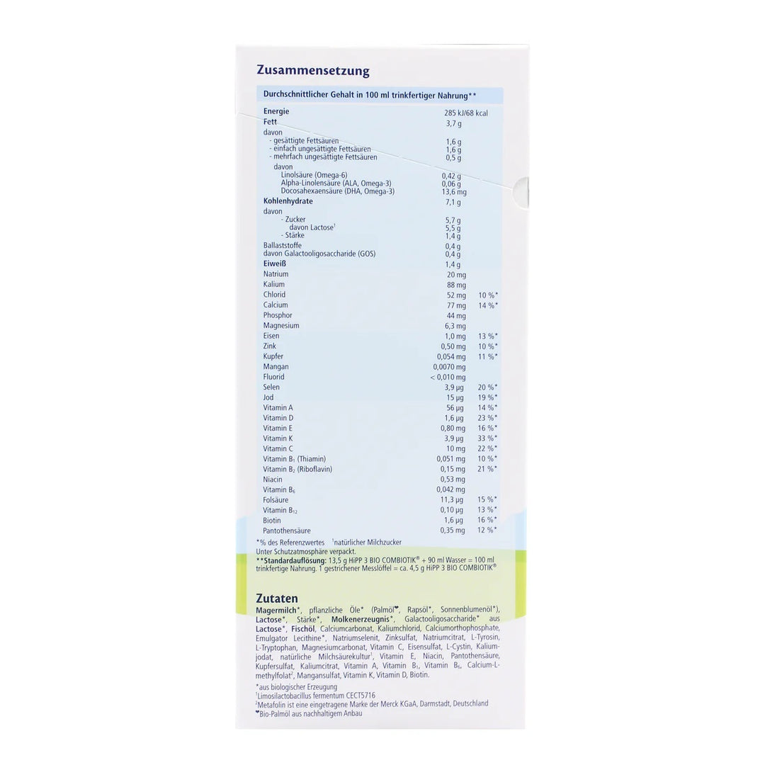 HiPP German Stage 3 European organic toddler formula 600g box, nutrition table per 100 ml and ingredients in German